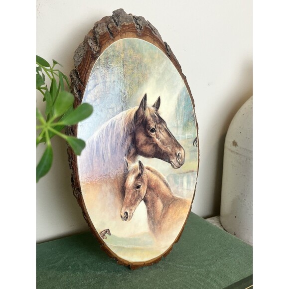 Vintage Decoupage Wooden Slab Horse Painting, Horse And Foal / Wall Art 7 x 11 - Picture 4 of 8